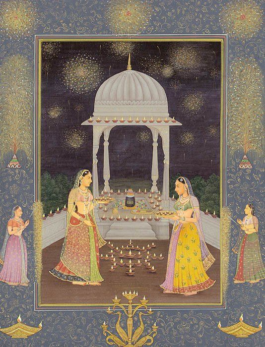 A Diwali painting from Mughal times showing two women worshipping  Shiv Lingam