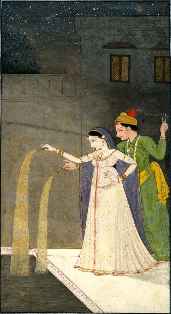 A Diwali painting from Mughal times showing a man and a woman with sparklers