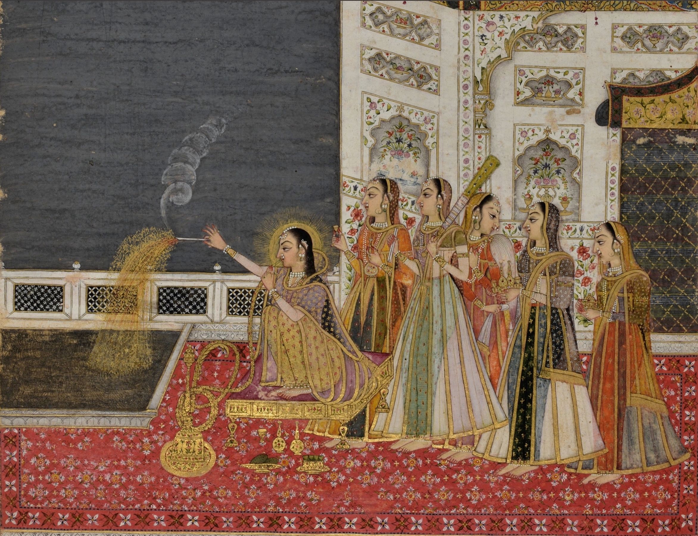 A Diwali painting from Mughal times showing a noblewoman with her consorts enjoying a hookah and sparklers