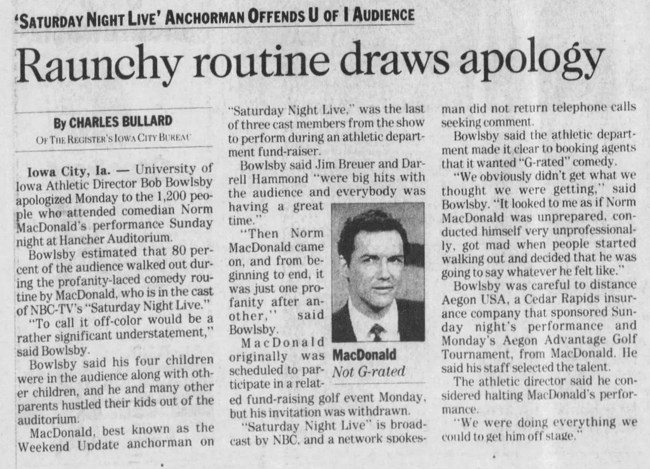 Report on Norm MacDonald's performance at the University of Iowa in The Des Moines Register