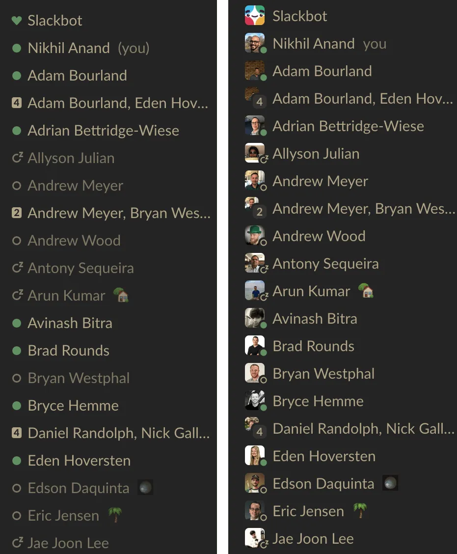 Slack's old and new contact sidebar