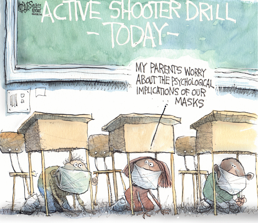 Matt Davies cartoon on Newsday about active shooter drills in schools and masks